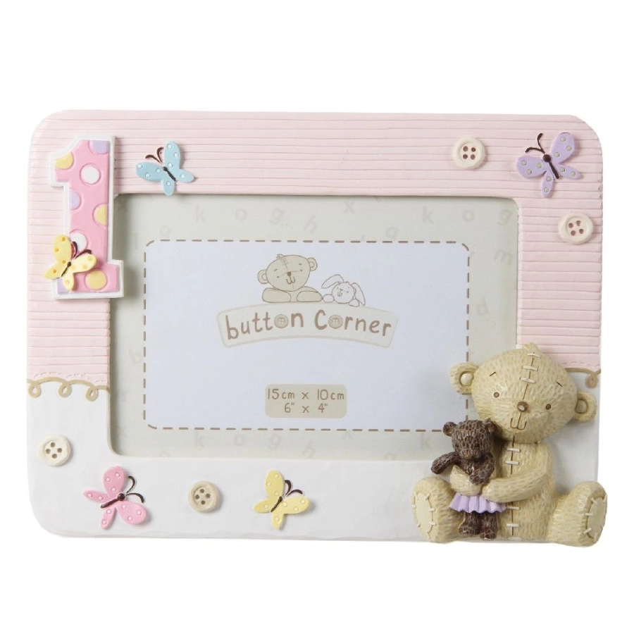 Button Corner roze "Mijn eerste verjaardag" fotolijst