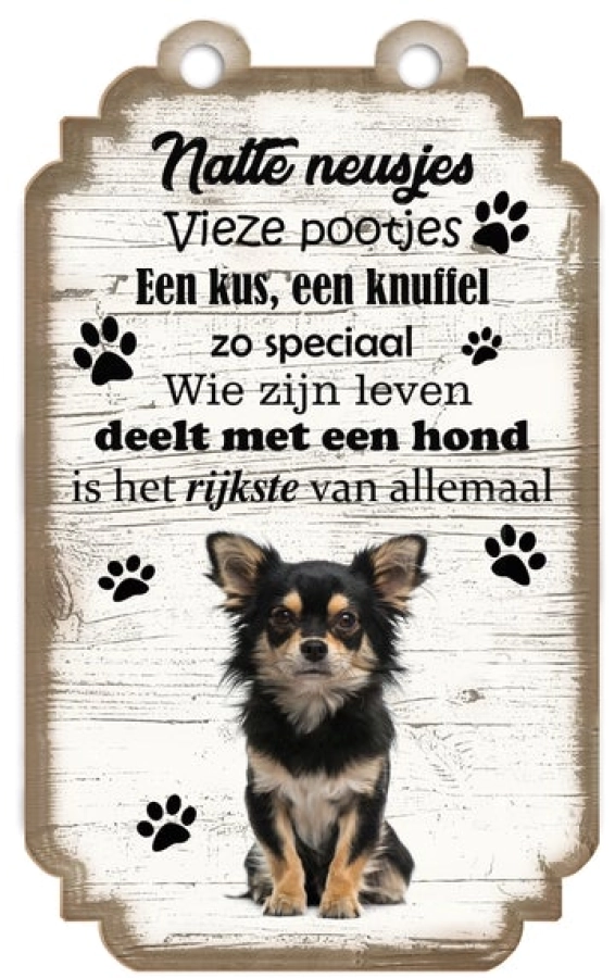 Spreukenbordje Chihuahua langharig zwart-bruin