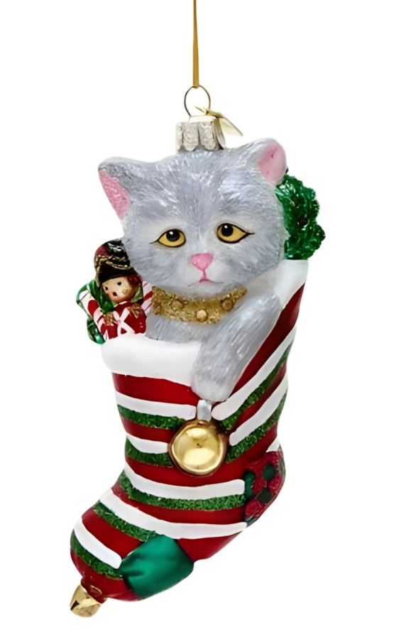 Ornament kat in kerstsok - grijs
