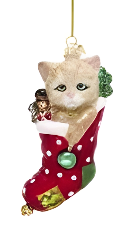 Ornament kat in kerstsok - rood