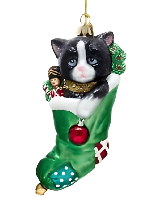 Ornament kat in kerstsok - zwart