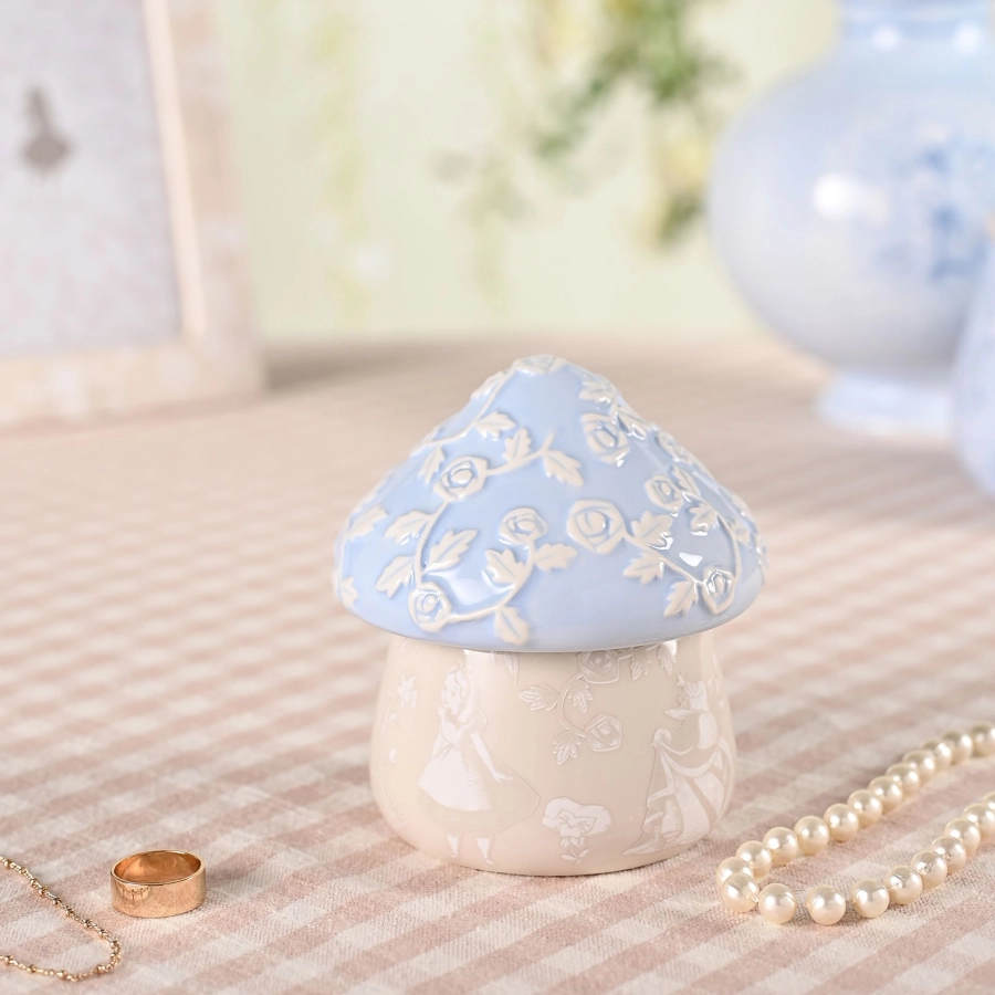 Alice in Wonderland Mushroom Sieradendoos – Keramisch juwelendoosje blauw/beige